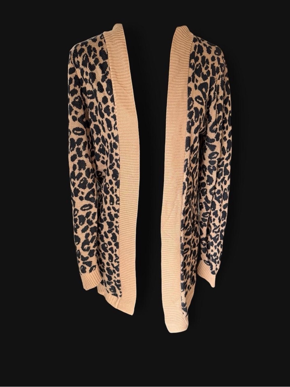Nine West Leopard Print Open Front Long Cardigan Sweater Tan Black Women’s XS - Picture 2 of 5